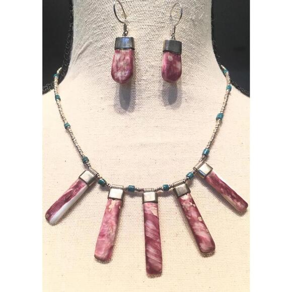 Handmade Peruvian 925 Sterling Silver Necklace & Earring Set Dark Lilac Stone - Picture 1 of 9